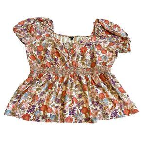 Torrid Colorful Floral Print Blouse Top Shirt Smocked Waist Short Sleeve Size 4x